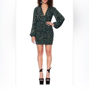 Afrm Jones Smocked Mini Dress Aqua Brown Leopard Print size SP NWT